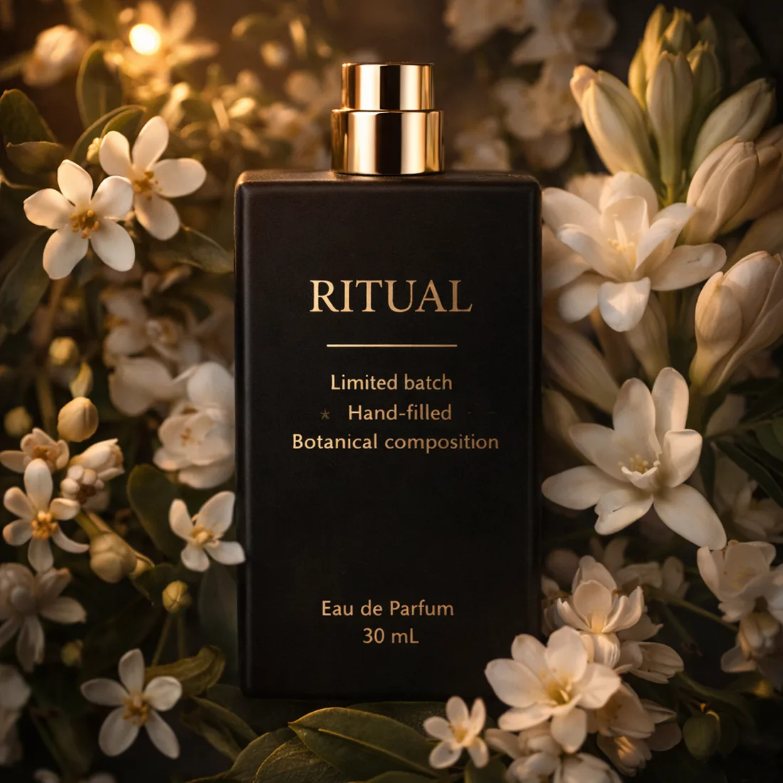 Ritual eau de parfum, a black bottle with a gold cap, lying among jasmine and tuberose blossoms